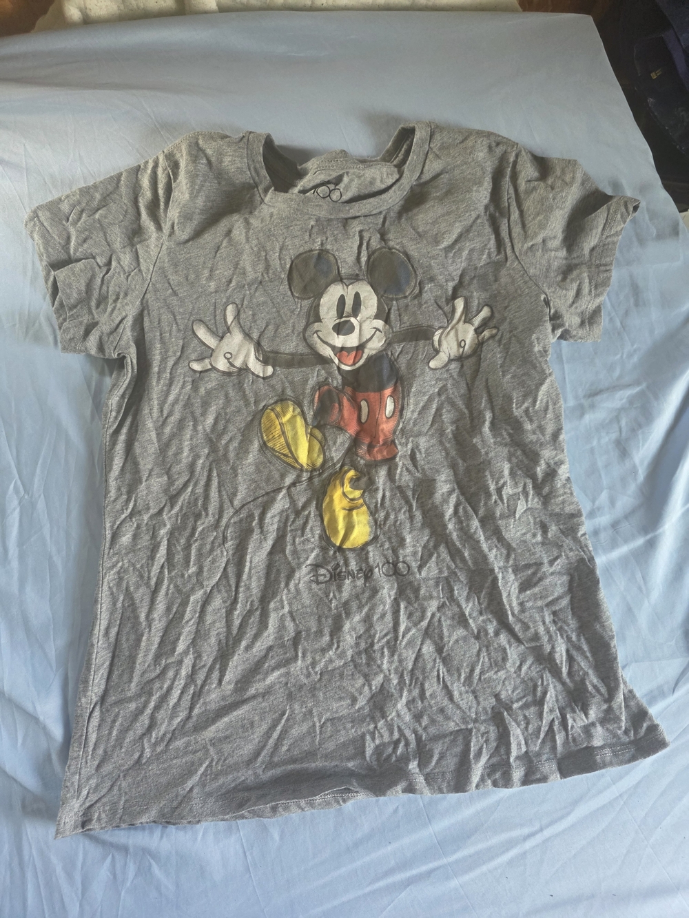 Disney Gray Mickey Mouse Graphic Tee with Red and Yellow Accents